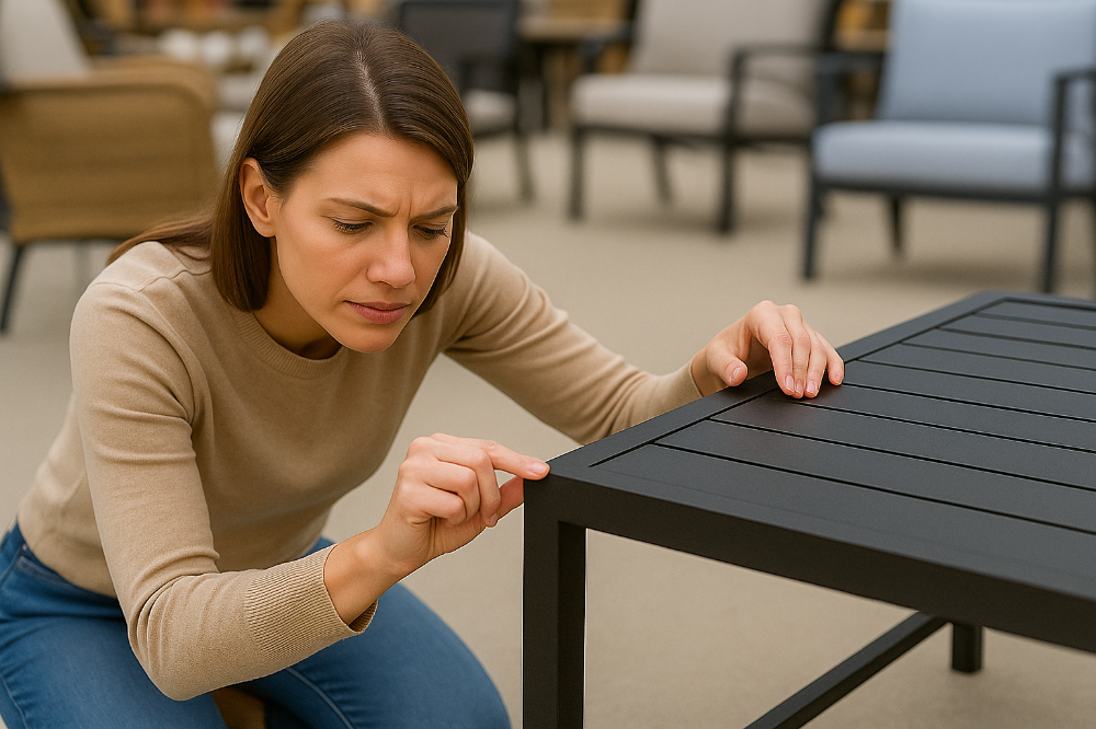 Woman inspecting the underside frame of an outdoor patio chair